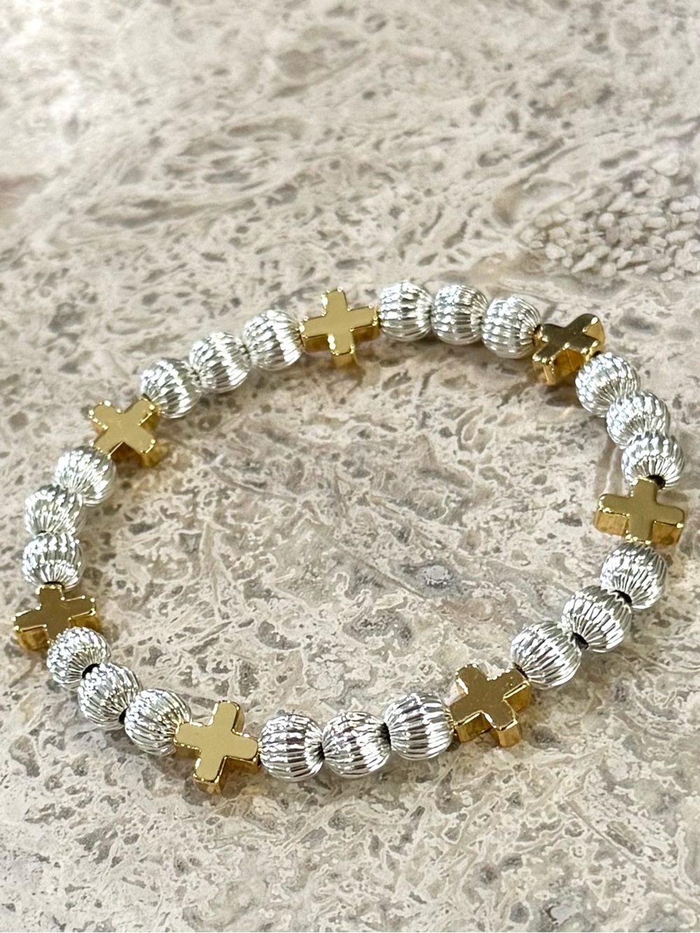Hand Crafted Lux Infinity 14K Gold Cross and Etched Sterling Bead Bracelet
